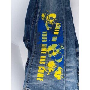Mackeen Skull Jeans Men 42x32 Button Fly Denim Factory Painted Graphics